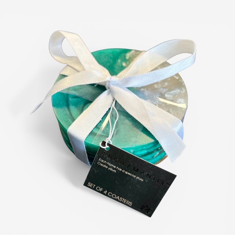 Green and Silver Metallic Resin Coaster Set of 4, Gift Ready